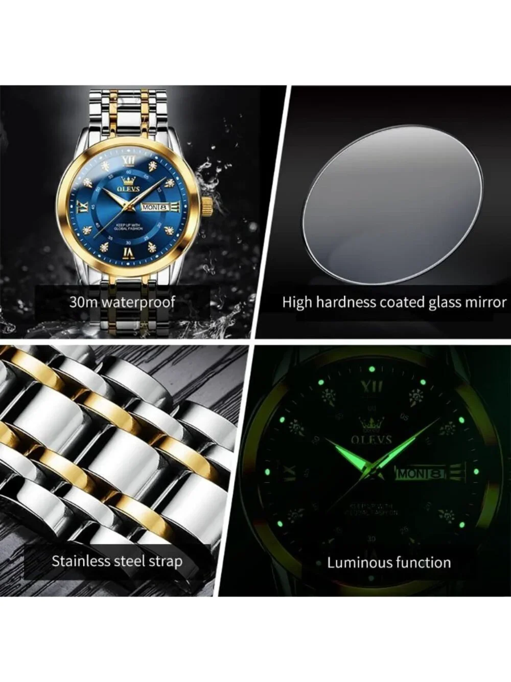 Men's Gold Blue Quartz Stainless Steel Waterproof Luminous Luxury Wooden Watch